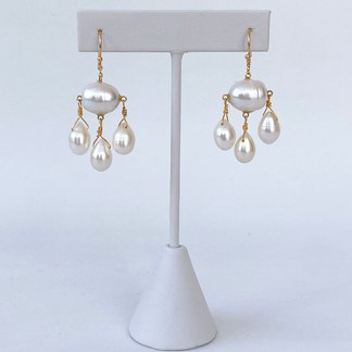 All Pearl & Solid 14k Yellow Gold Chandelier Earrings