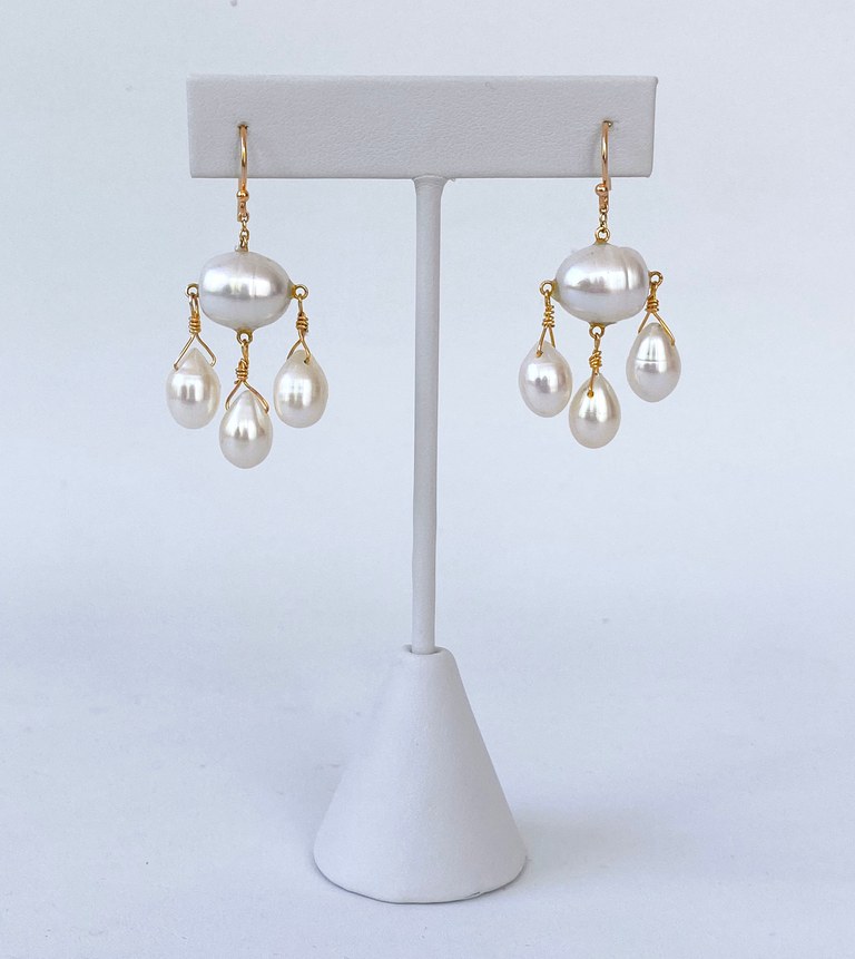 All Pearl & Solid 14k Yellow Gold Chandelier Earrings