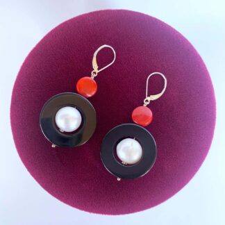 14k Gold, Pearl, Black Onyx & Mediterranean Coral Lever Back Earrings