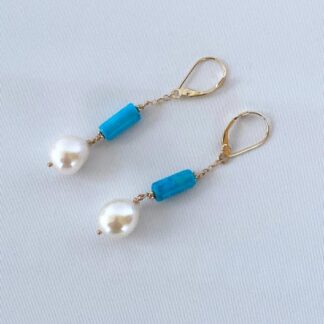 14k, Turquoise & Baroque Pearl Lever Back Earrings