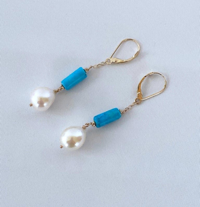 14k, Turquoise & Baroque Pearl Lever Back Earrings
