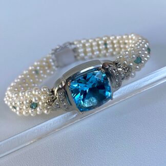 18k White Gold, Diamond, Pearl & London Blue Topaz Bracelet