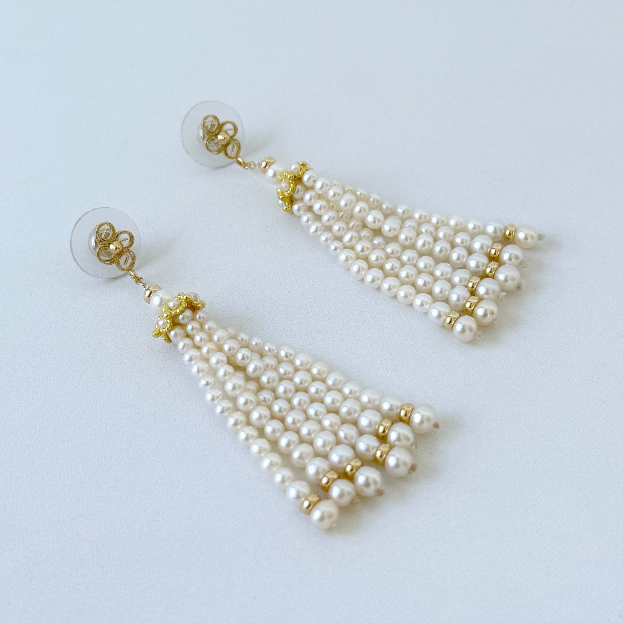 Floral Studded Pearl Tassel Earrings with 14k