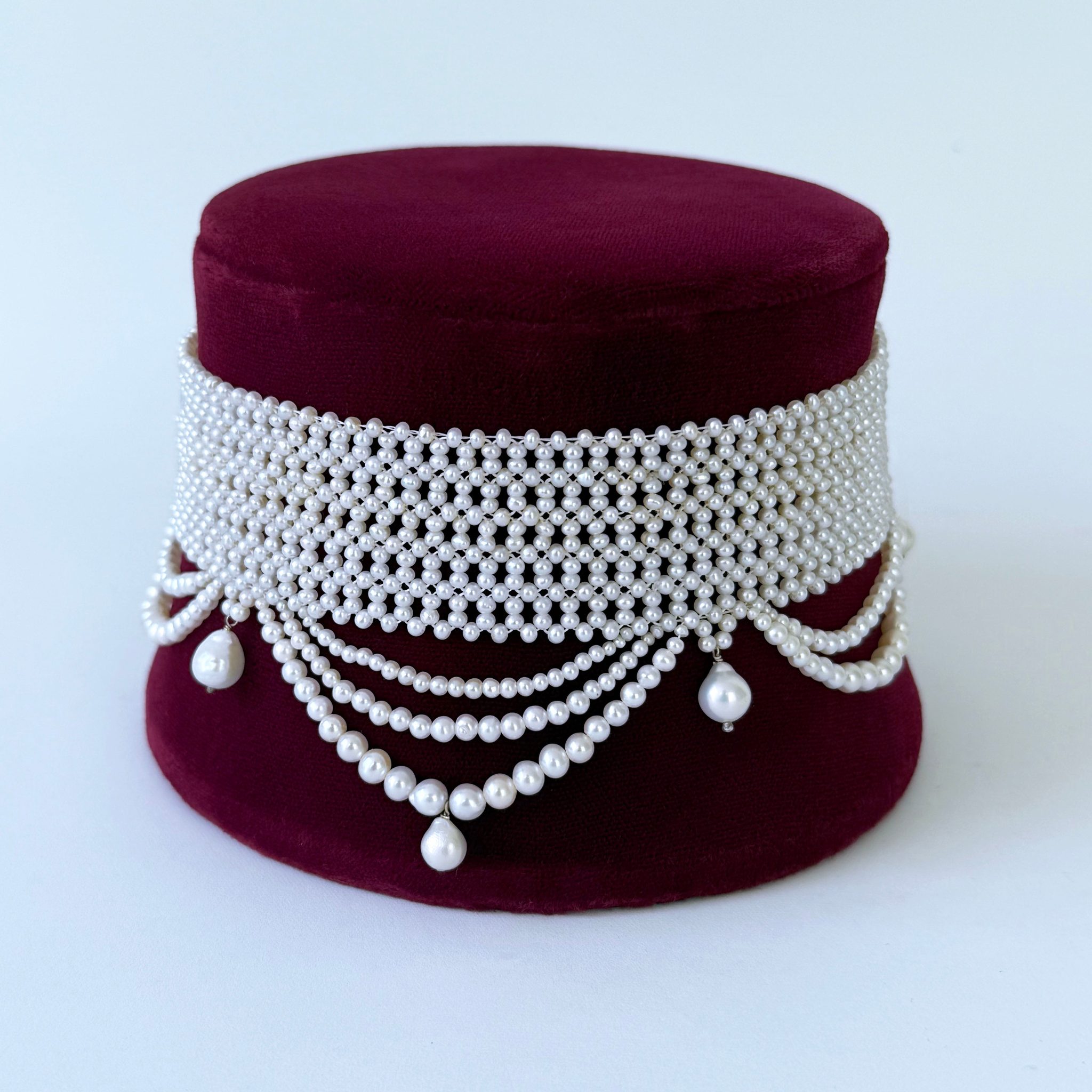Draped Seed Pearl Woven Choker with Rhodium Clasp