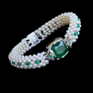 Natural Emerald, Pearl Woven Bracelet with Solid 14k White Gold