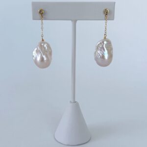 Diamond Studded Earring with Baroque Pearl & Solid 14k Yellow Gold