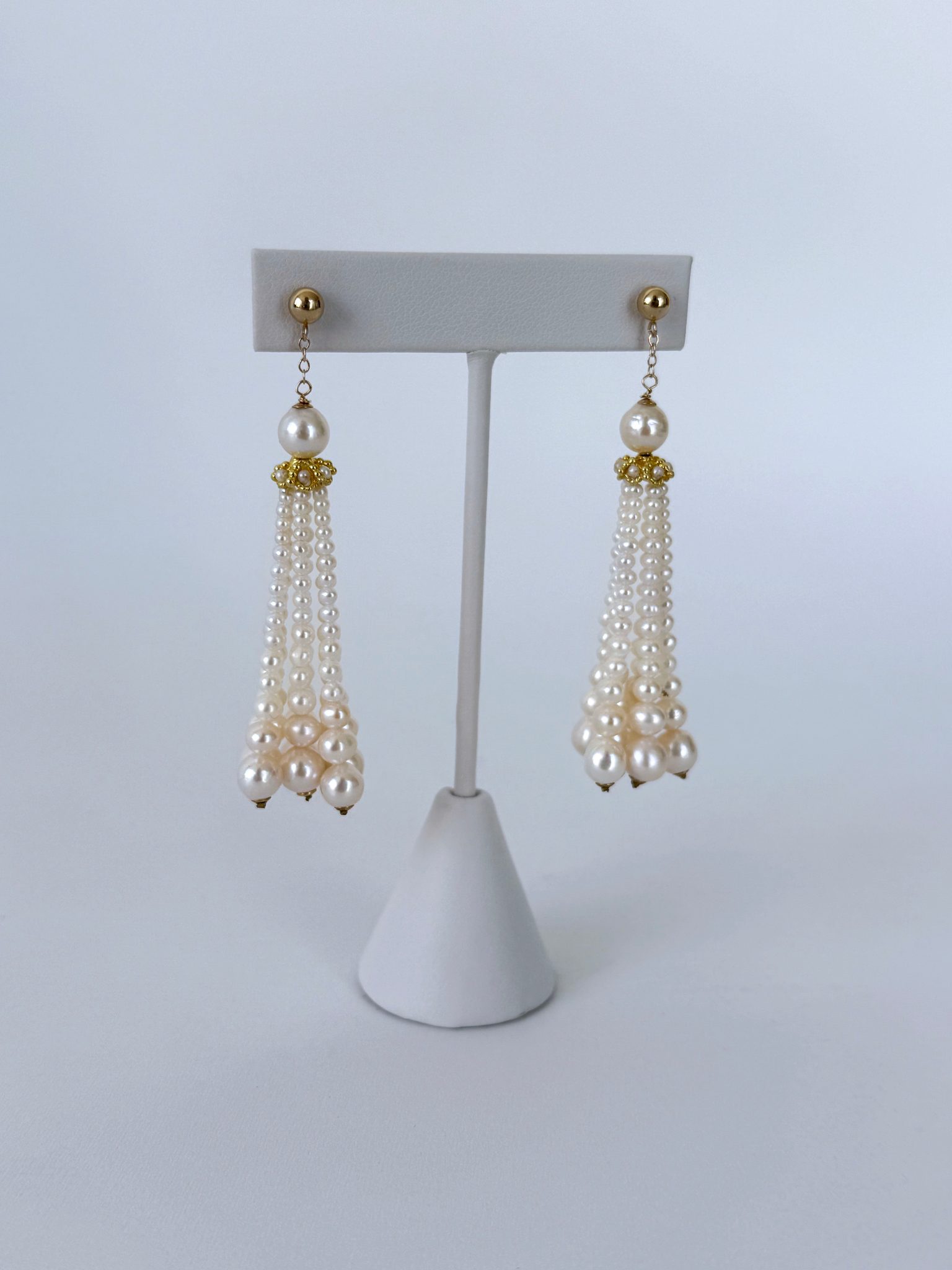 Graduated Pearl Dangle-Tassel Earring with Solid 14k Yellow Gold