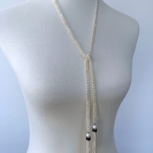 Slender Pearl Woven Sautoir with Diamond Encrusted Silver Tassels