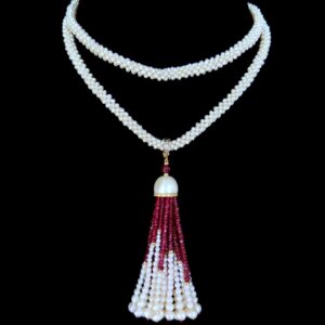 Woven Pearl Rope Sautoir with Ruby, Diamond & Solid 14k Yellow Gold Tassel