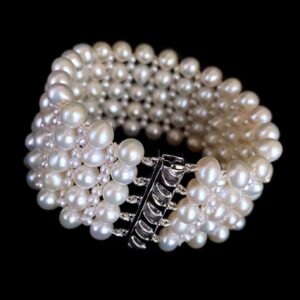 Woven Pearl Wedding Bracelet with Rhodium Plated Silver Clasp