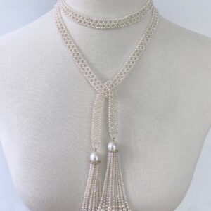 Sizeless Woven Pearl Sautoir with Diamonds & Solid 14k Yellow Gold
