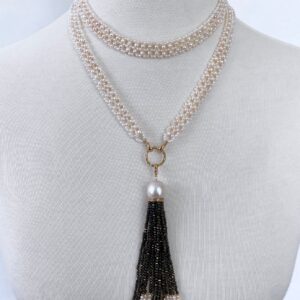 Woven Pearl Sautoir with Black Spinel & Solid 14k Yellow Gold Tassel