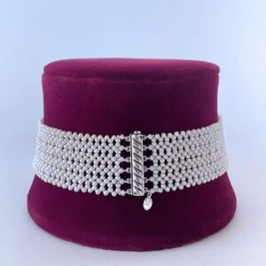 Lace Woven Pearl Choker with Rhodium Plated Silver Clasp