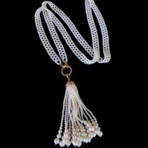Bridal Pearl Lace Sautoir & Tassel with solid 14k Yellow Gold & Diamonds