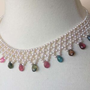Marina J Pearl and Multi-Color Tourmaline Woven Necklace with Vintage 14k Gold