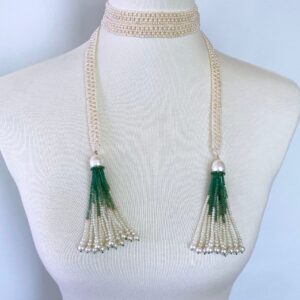 Pearl Woven Sautoir with Graduated 14k and Emerald Tassels