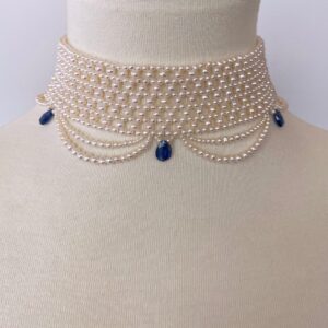 Woven Pearl Choker with Pearl Drapes and Kyanite Briolettes