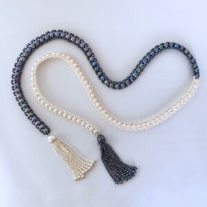 Black and White All Pearl Woven Sautoir Necklace with 14K Yellow Gold