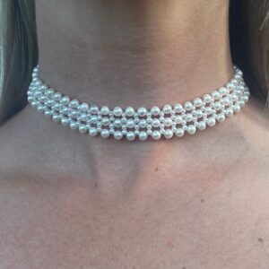 Pearl Lace Woven Choker with Rhodium Plated Silver