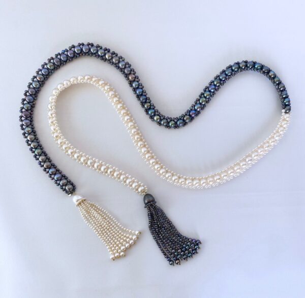 Black and White All Pearl Woven Sautoir Necklace with 14K Yellow Gold