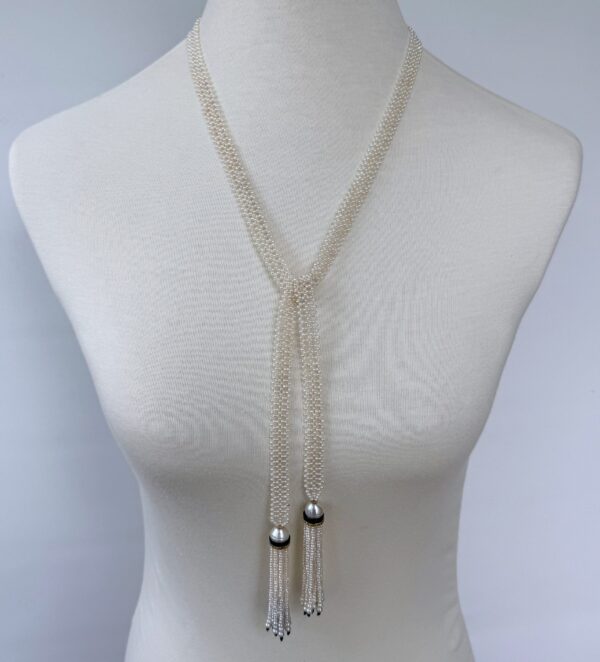 Pearl Woven Lariat Sautoir With Gold & Diamonds