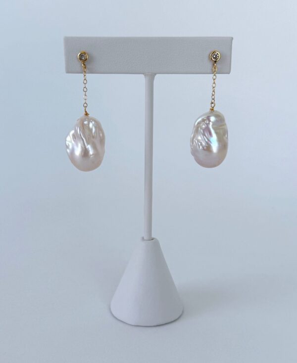 Diamond Studded Earring with Baroque Pearl & Solid 14k Yellow Gold