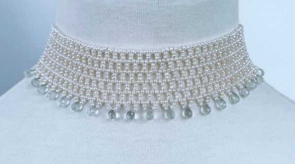 Lace Woven Choker with Aquamarine Briolettes and Sliding Clasp