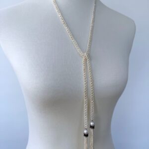 Slender Pearl Woven Sautoir with Diamond Encrusted Silver Tassels