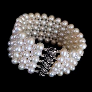 Woven Pearl Wedding Bracelet with Rhodium Plated Silver Clasp