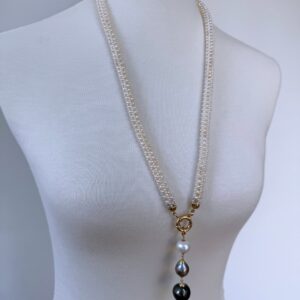 3 Dimensional Pearl Woven Bridal Necklace with Graduated Black Pearl Drop
