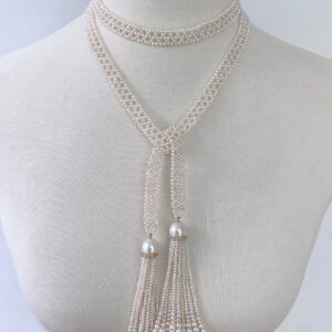 Sizeless Woven Pearl Sautoir with Diamonds & Solid 14k Yellow Gold