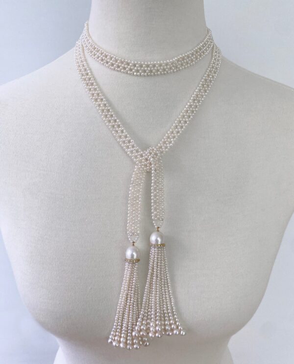 Sizeless Woven Pearl Sautoir with Diamonds & Solid 14k Yellow Gold