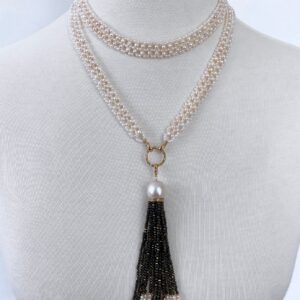 Woven Pearl Sautoir with Black Spinel & Solid 14k Yellow Gold Tassel