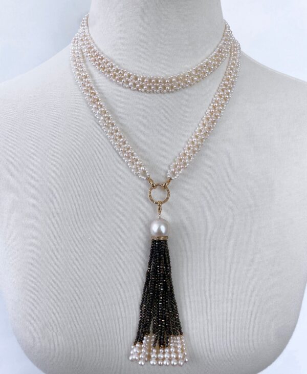Woven Pearl Sautoir with Black Spinel & Solid 14k Yellow Gold Tassel