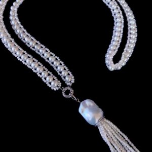 All Pearl Sautoir & Tassel with Diamond encruste solid 14k White Gold