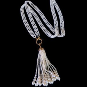 Bridal Pearl Lace Sautoir & Tassel with solid 14k Yellow Gold & Diamonds
