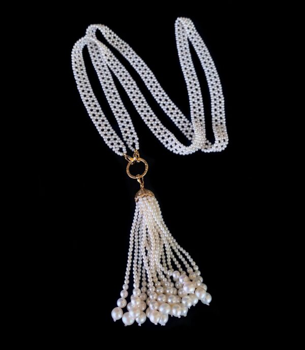 Bridal Pearl Lace Sautoir & Tassel with solid 14k Yellow Gold & Diamonds