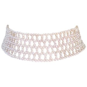 Wide Woven White Pearl Choker with 14k White Gold Plated Silver Clasp