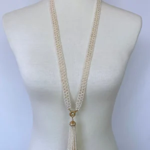 All Pearl Woven Sautoir with Diamond Encrusted 14k Yellow Gold
