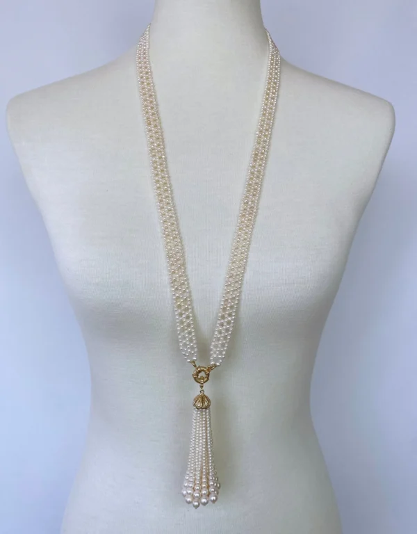All Pearl Woven Sautoir with Diamond Encrusted 14k Yellow Gold