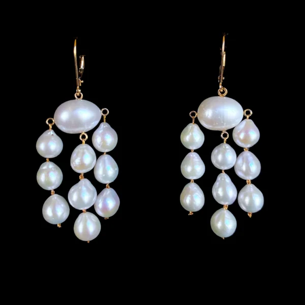 All Solid 14k Yellow Gold & Pearl Chandelier Earrings