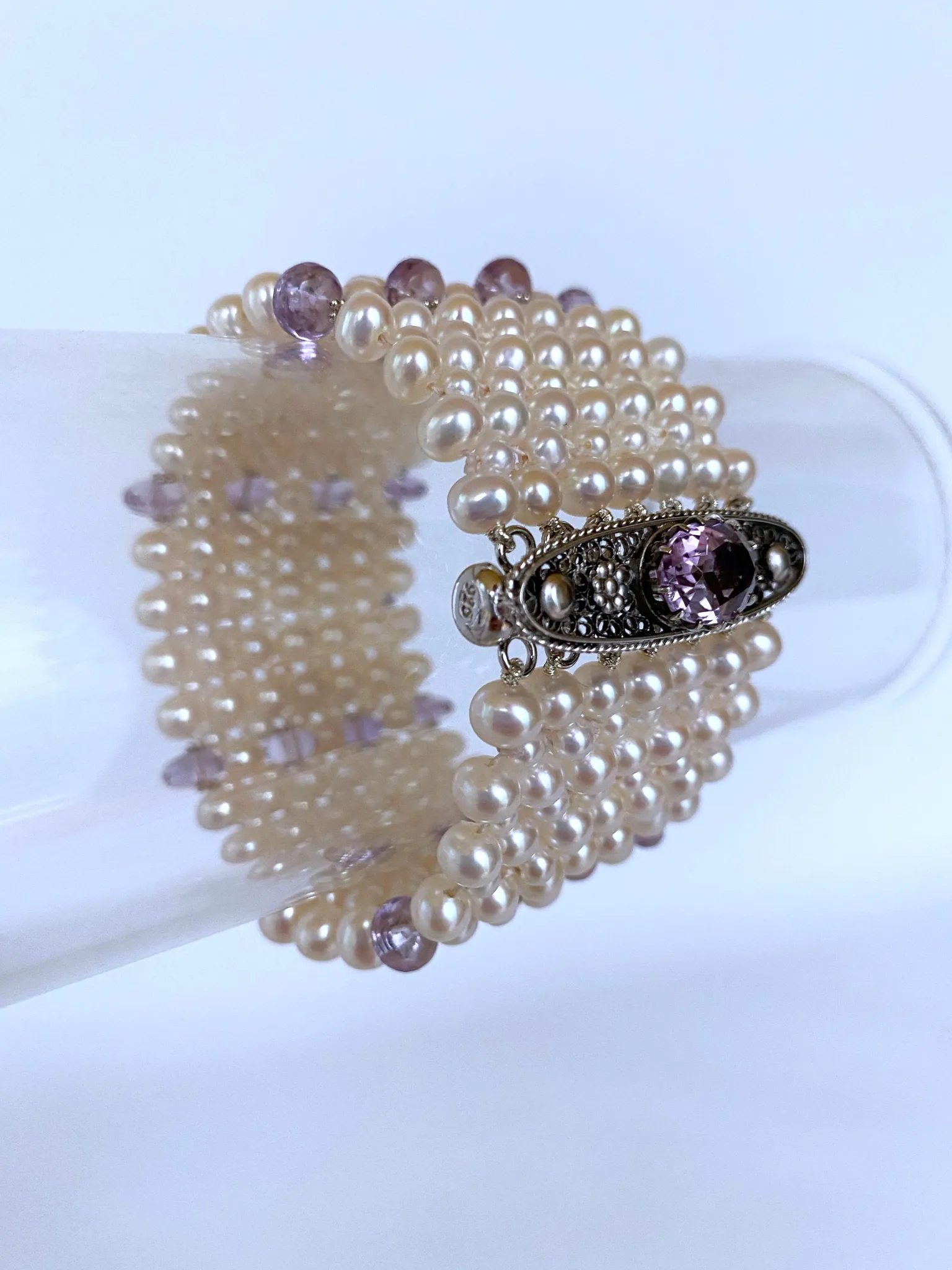 Amethyst and Pearl Bracelet with Vintage Centerpiece Clasp and Rhodium - Image 2