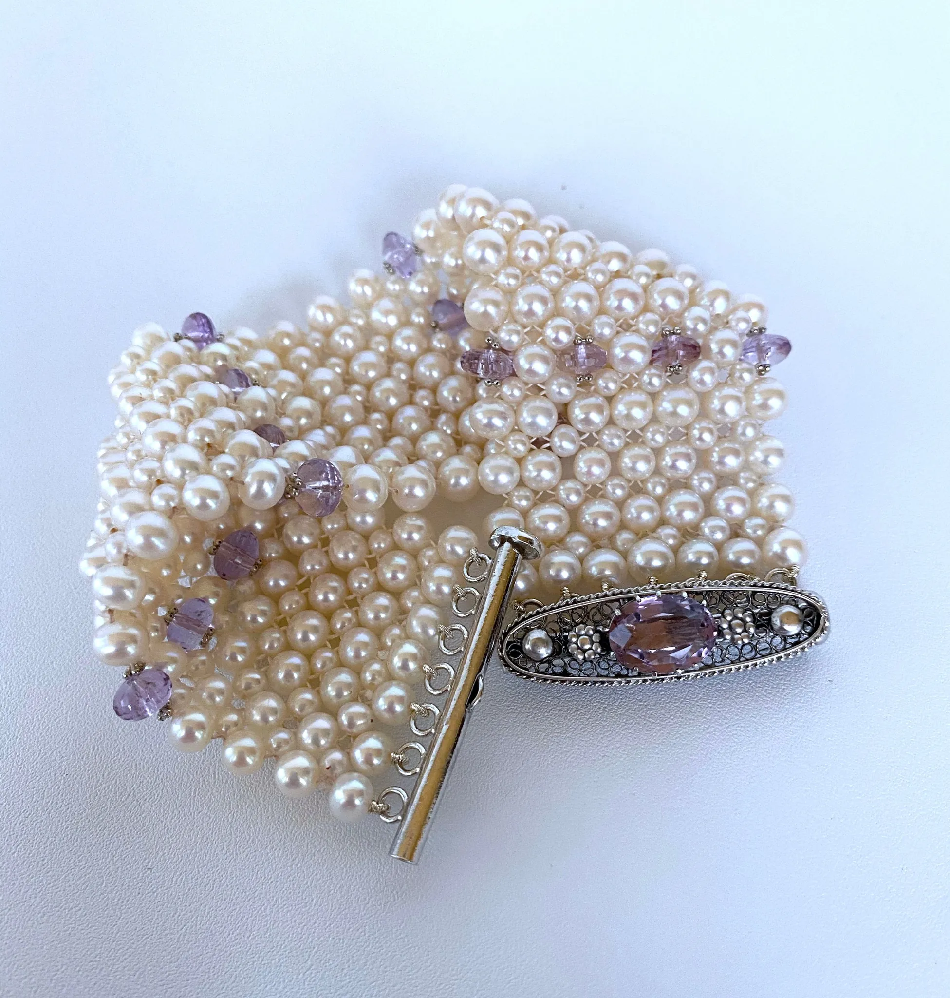 Amethyst and Pearl Bracelet with Vintage Centerpiece Clasp and Rhodium - Image 3