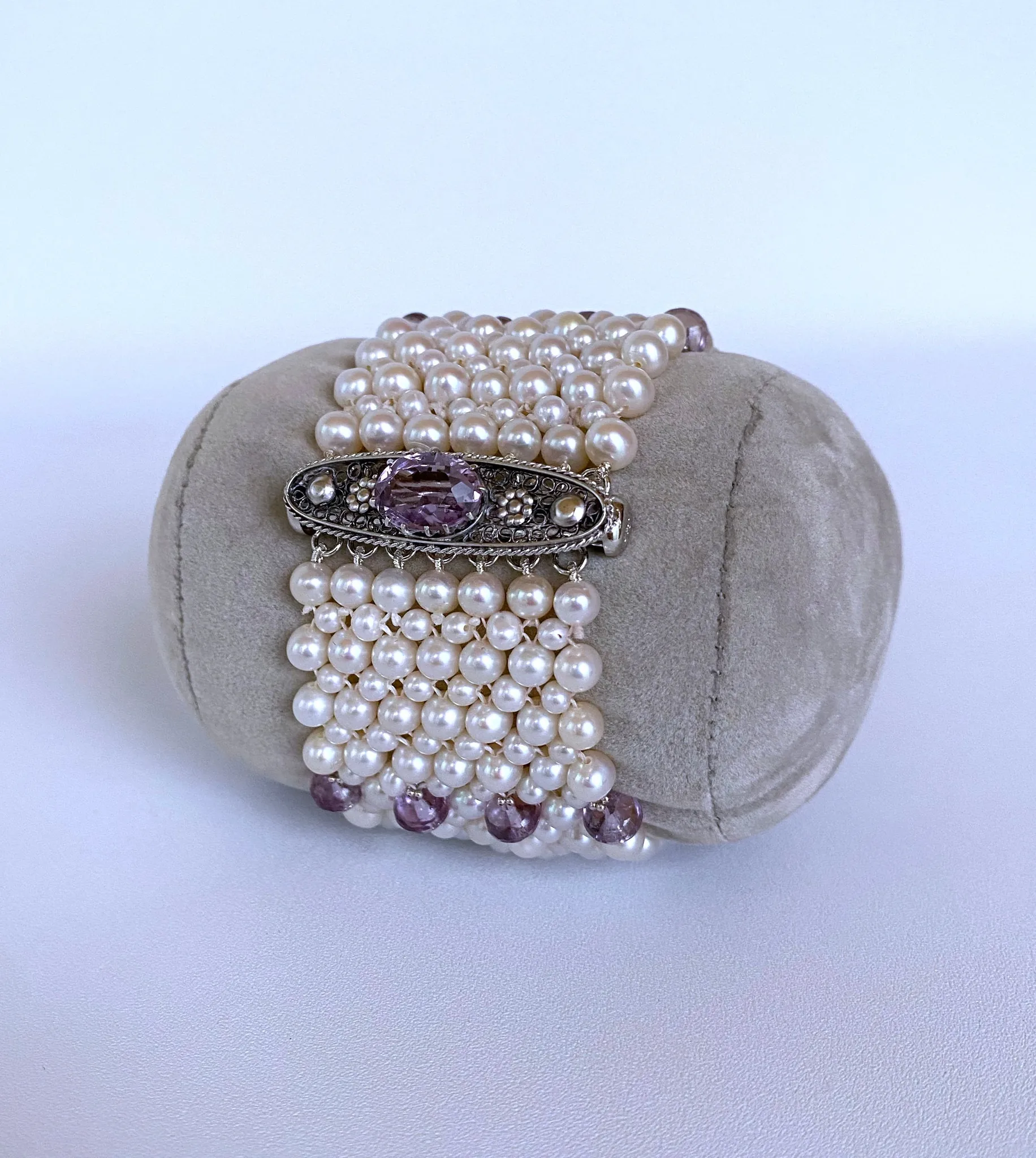 Amethyst and Pearl Bracelet with Vintage Centerpiece Clasp and Rhodium - Image 4
