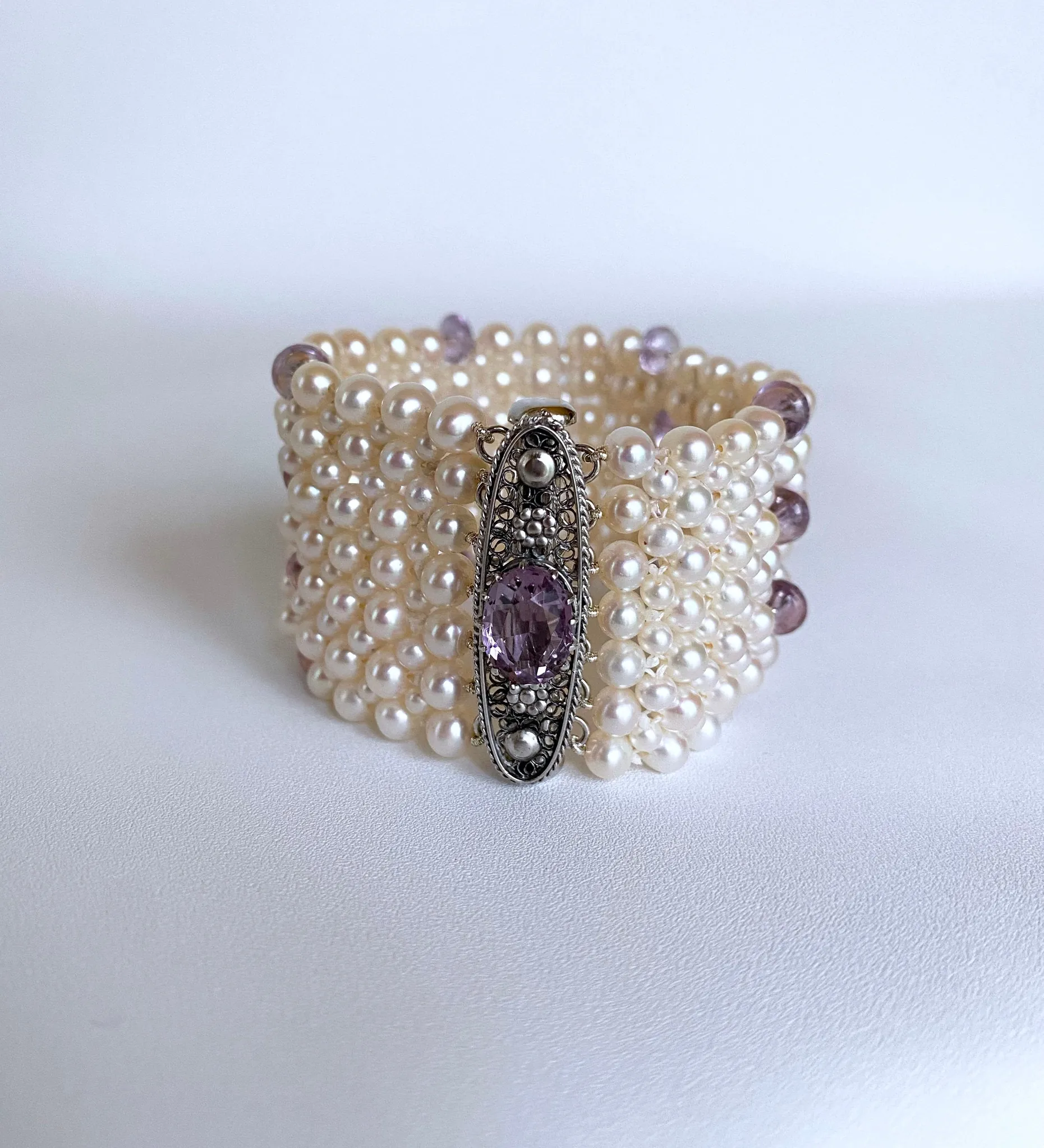 Amethyst and Pearl Bracelet with Vintage Centerpiece Clasp and Rhodium - Image 6