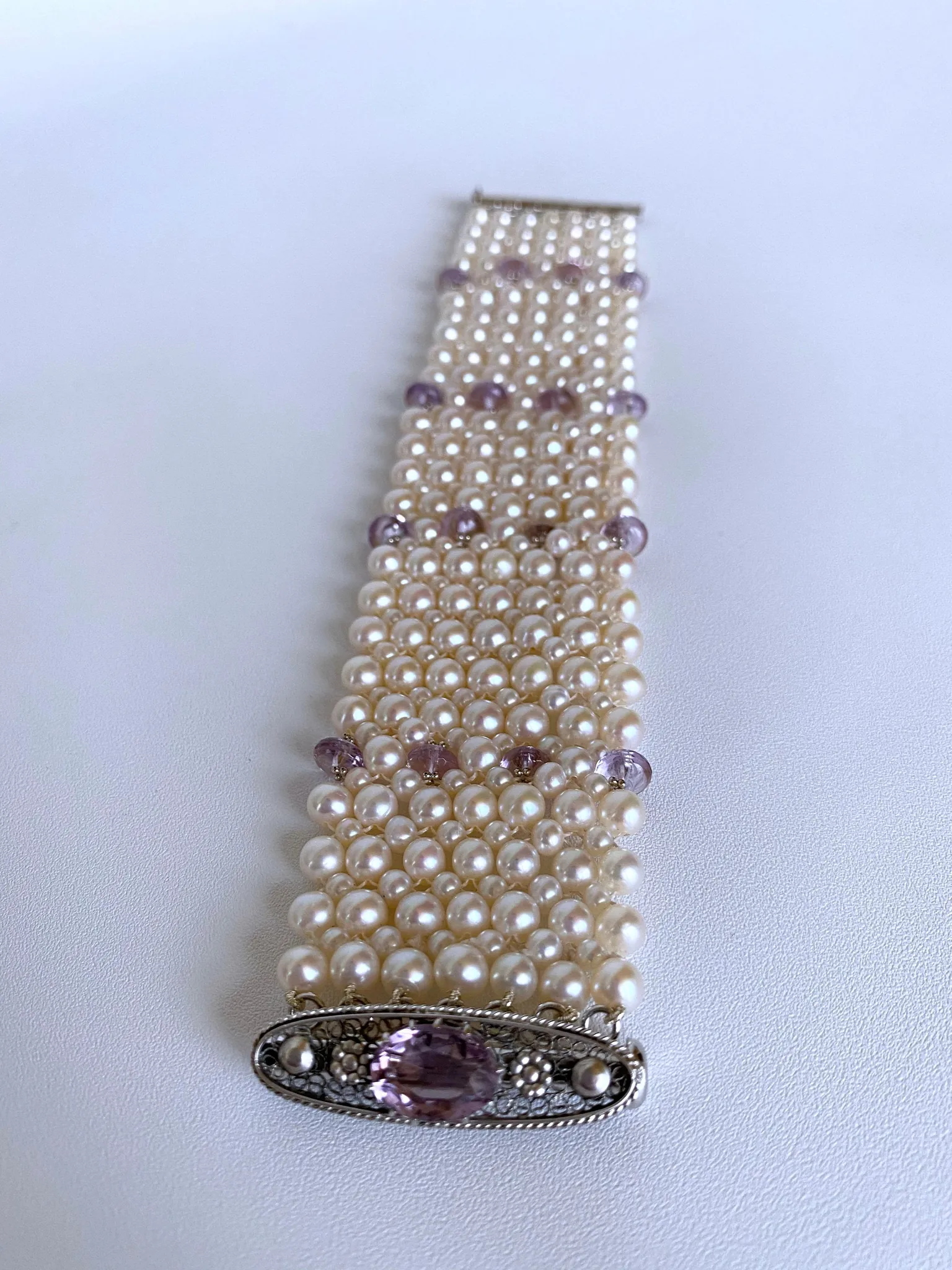 Amethyst and Pearl Bracelet with Vintage Centerpiece Clasp and Rhodium - Image 7