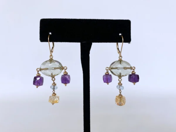 Amethyst, Citrine and Aquamarine Chandelier Earrings, 14K Yellow Gold