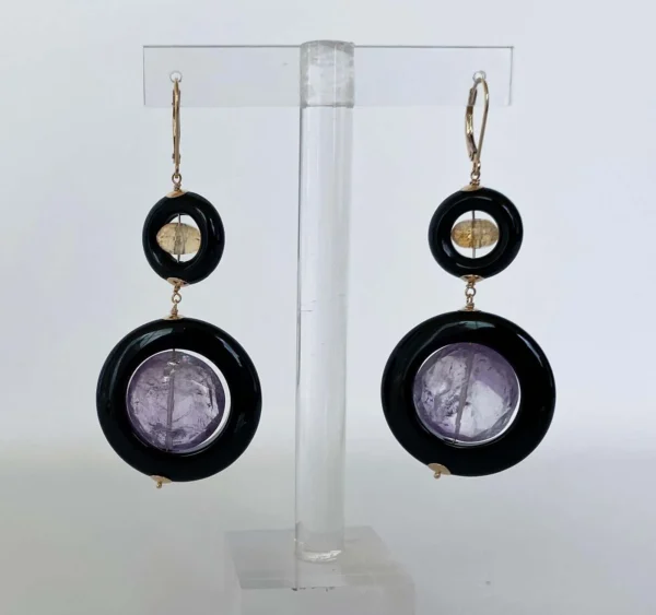 Amethyst, Citrine and Black Onyx Earrings with 14k Yellow Gold