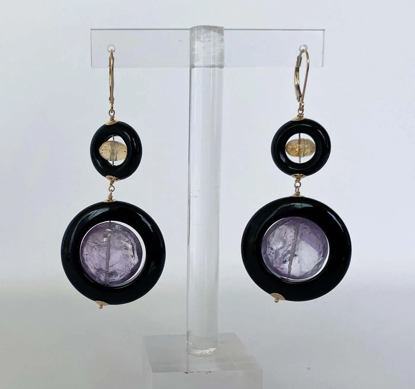 Amethyst, Citrine and Black Onyx Earrings with 14k Yellow Gold
