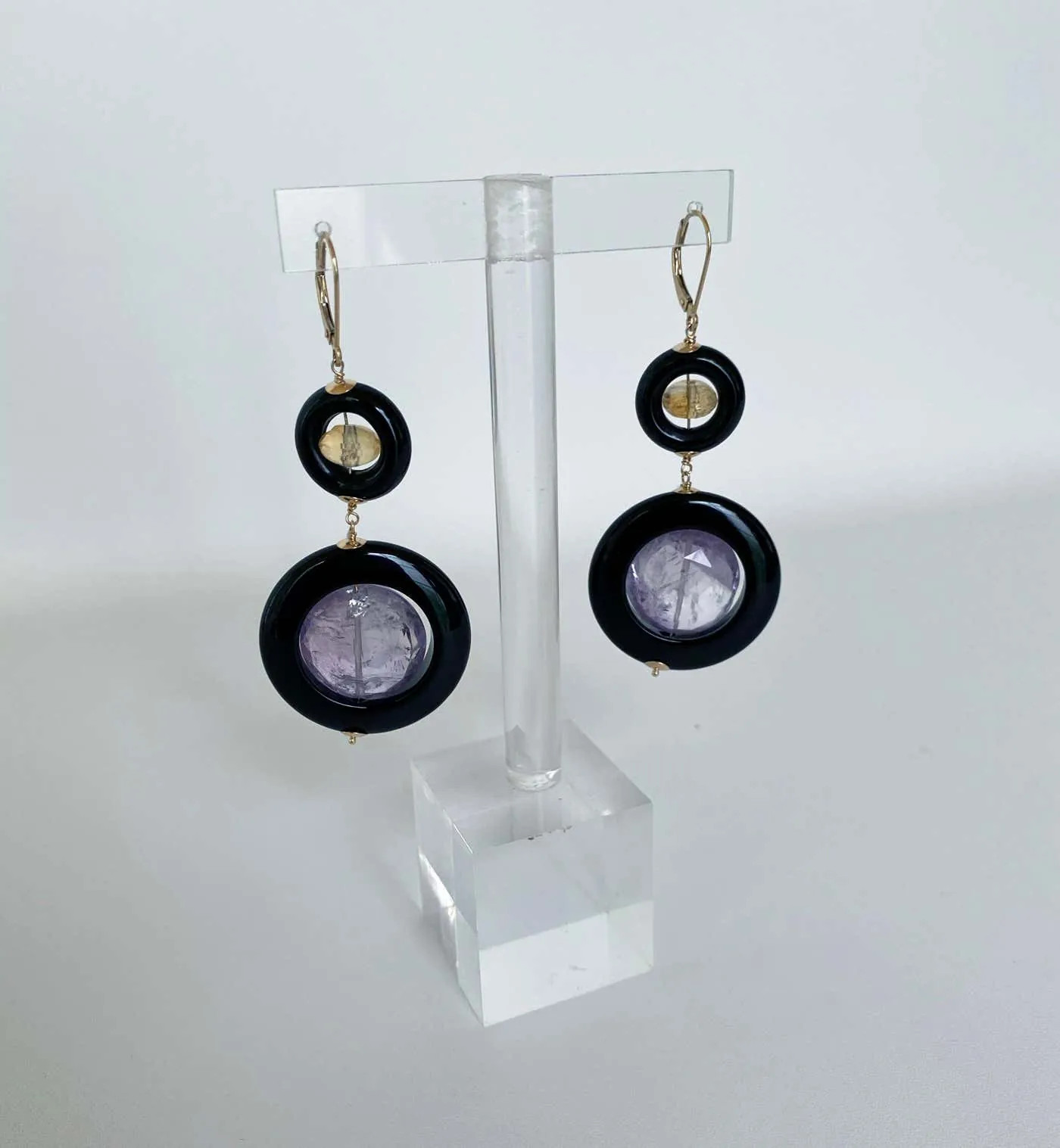 Amethyst, Citrine and Black Onyx Earrings with 14k Yellow Gold - Image 2